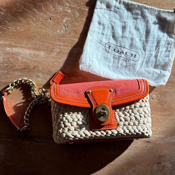 COACH Straw & Leather Turnlock Clutch, Orange Linen & Woven Straw